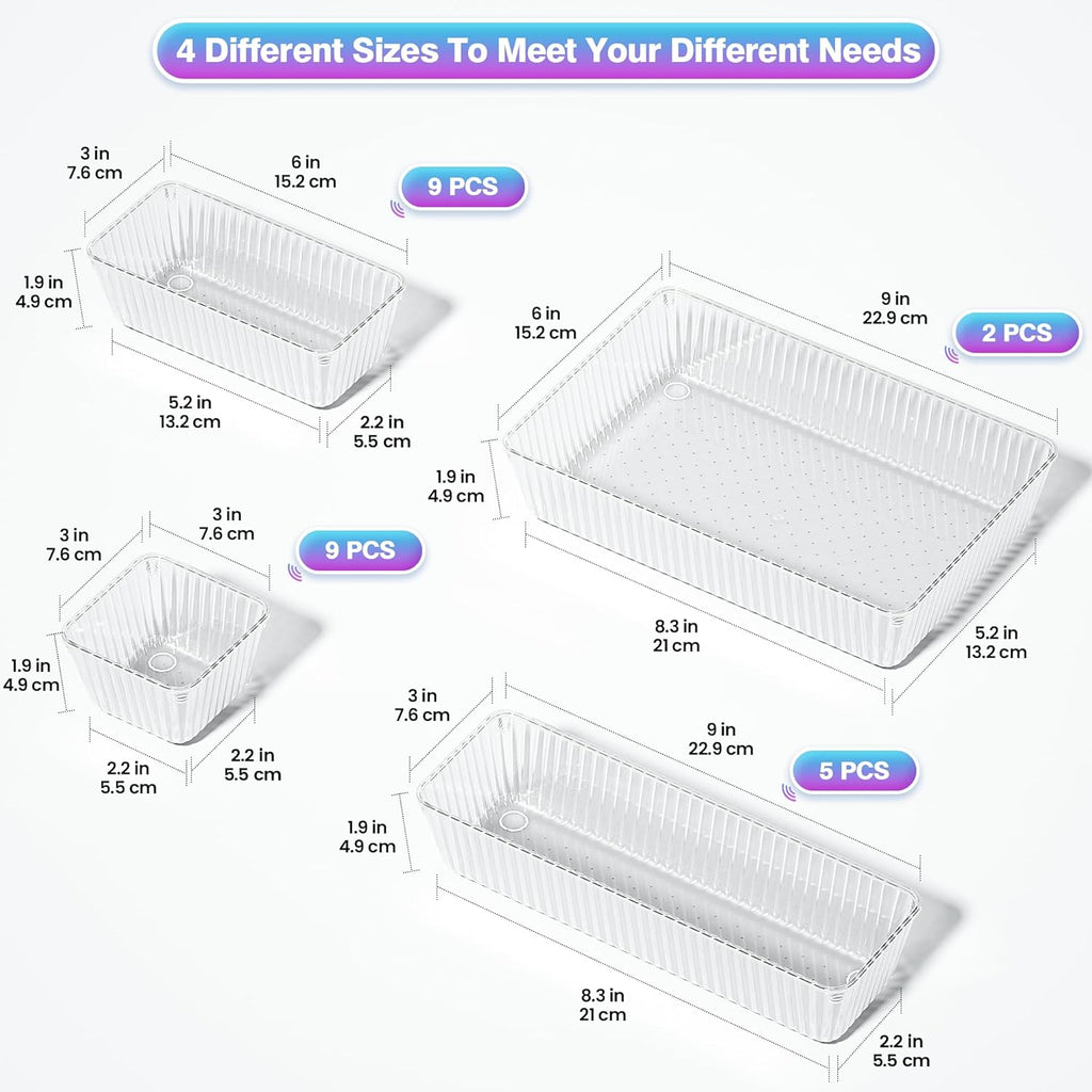 25 PCS Clear Plastic Drawer Organizer Set - 4 Sizes Makeup Organizer Desk Drawer Divider Bathroom