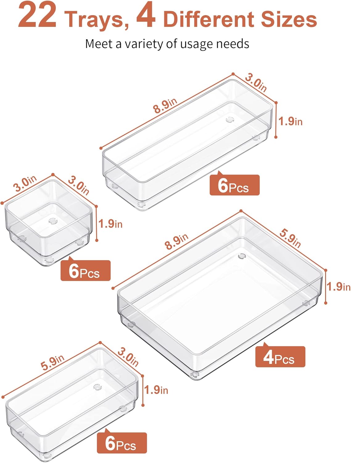 SMARTAKE 22-Piece Drawer Organizer with Non-Slip Silicone Pads, 4-Size Clear Desk Drawer Organizer