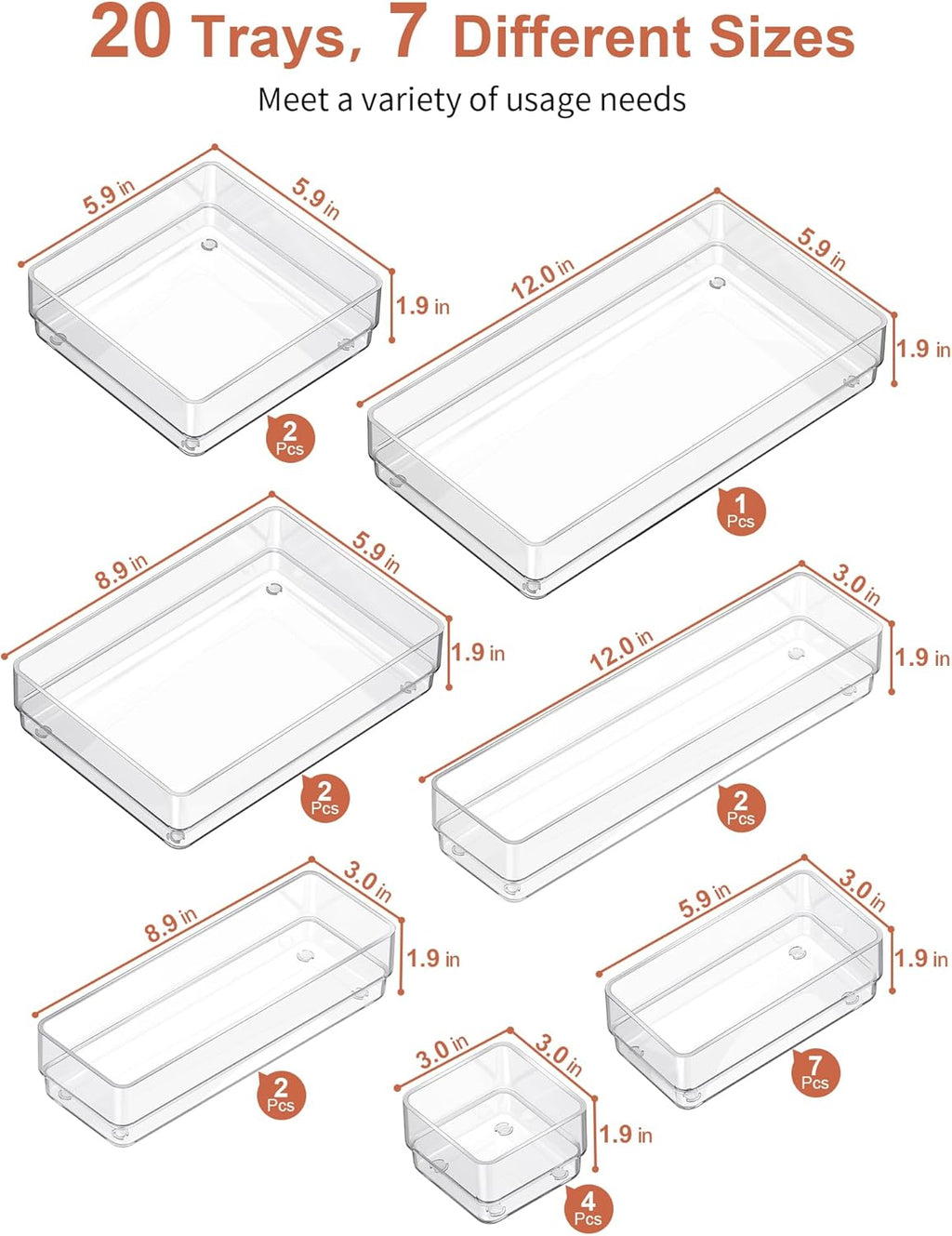 SMARTAKE 20-Piece Drawer Organizer with Non-Slip Silicone Pads, 7-Size Desk Drawer Organizer Trays