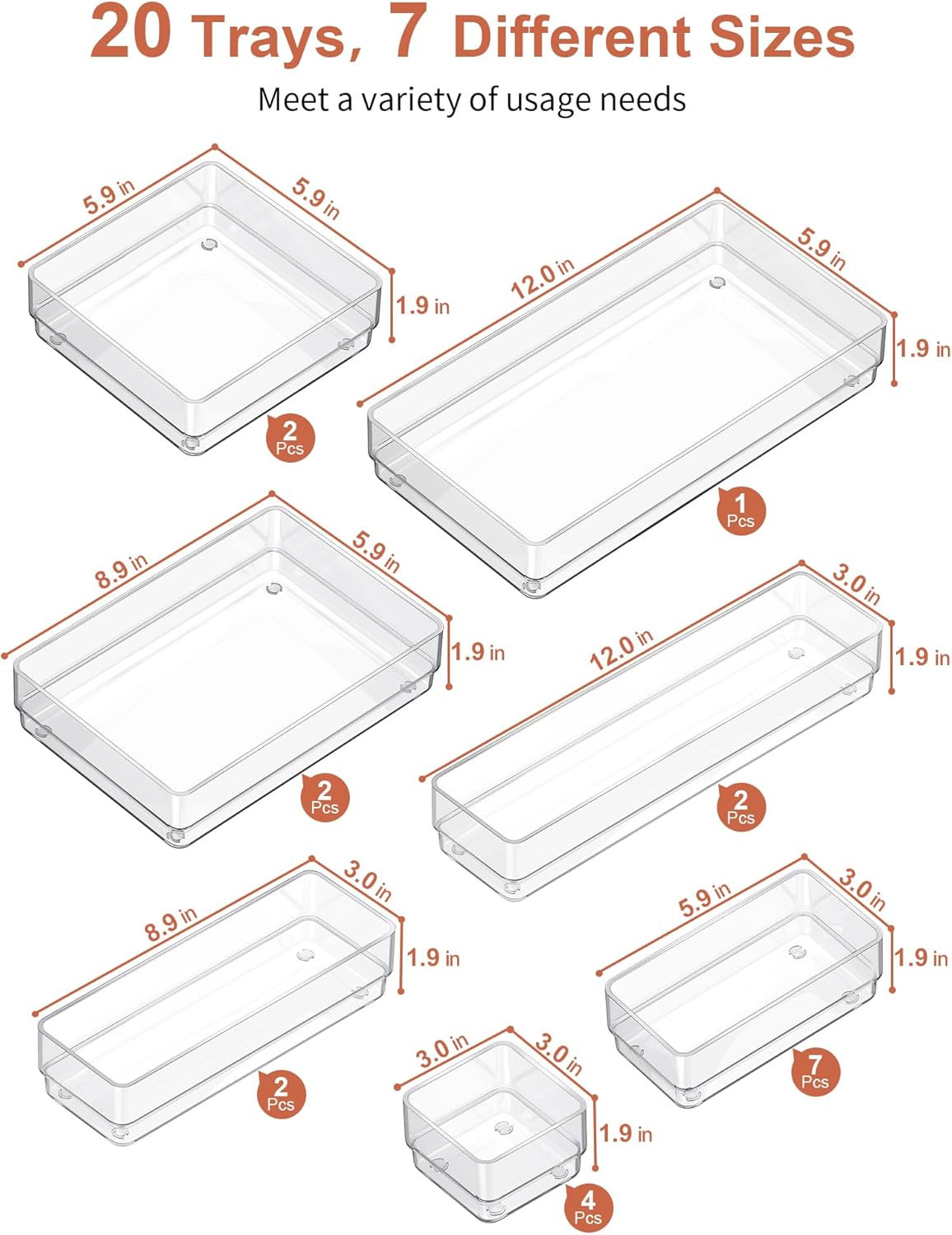 SMARTAKE 20-Piece Drawer Organizer with Non-Slip Silicone Pads, 7-Size Desk Drawer Organizer Trays