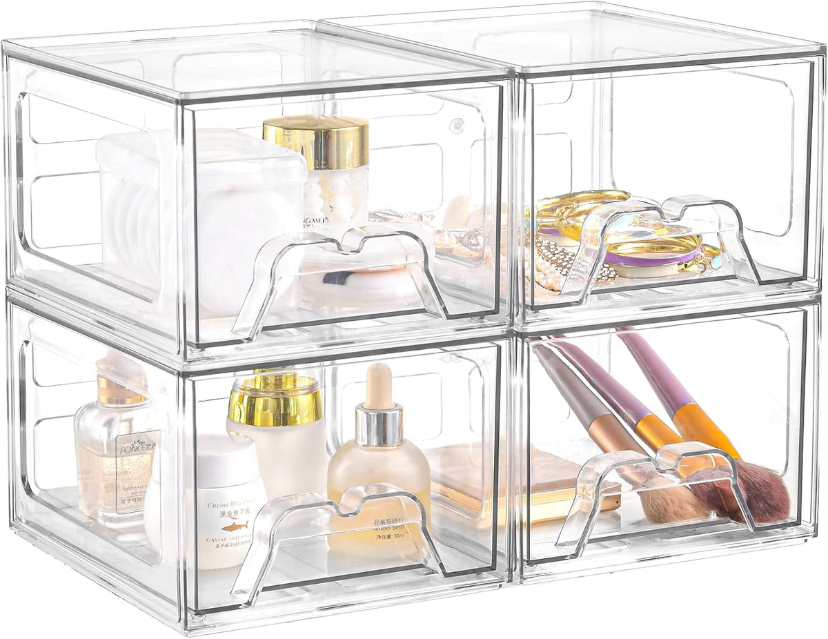 Plastic Drawers Storage, 4 Pack Clear Stackable Storage Drawers, Acrylic Storage Bins with Drawers
