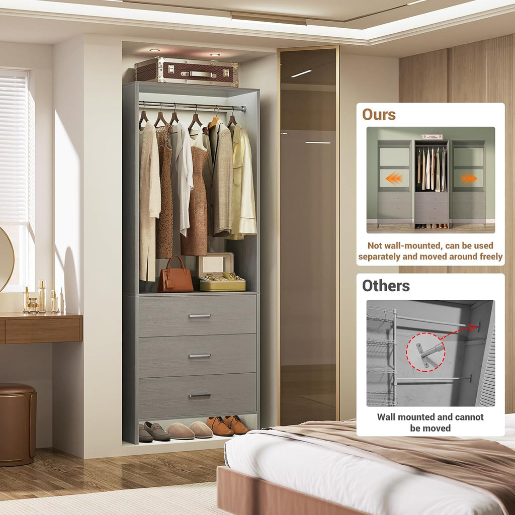 Aheaplus 2FT Closet System with 3 Drawers, 24’’ Closet Organizer, Wood Closet Organizer System