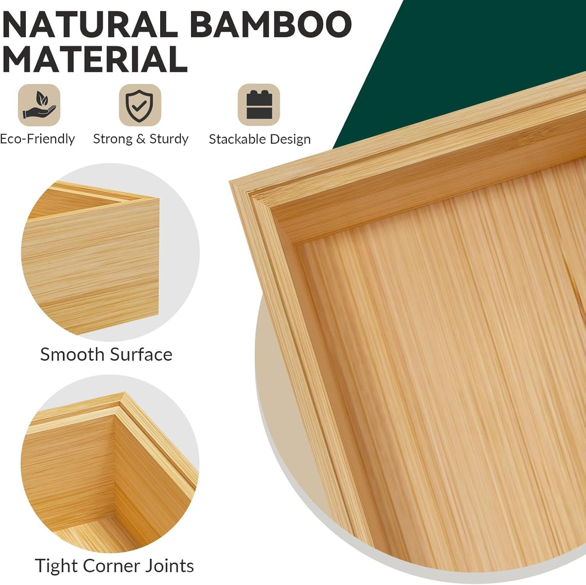 Bamboo Drawer Organizer, Small Silverware Organizer for Kitchen Drawer, Stackable Utensil Tray, 2