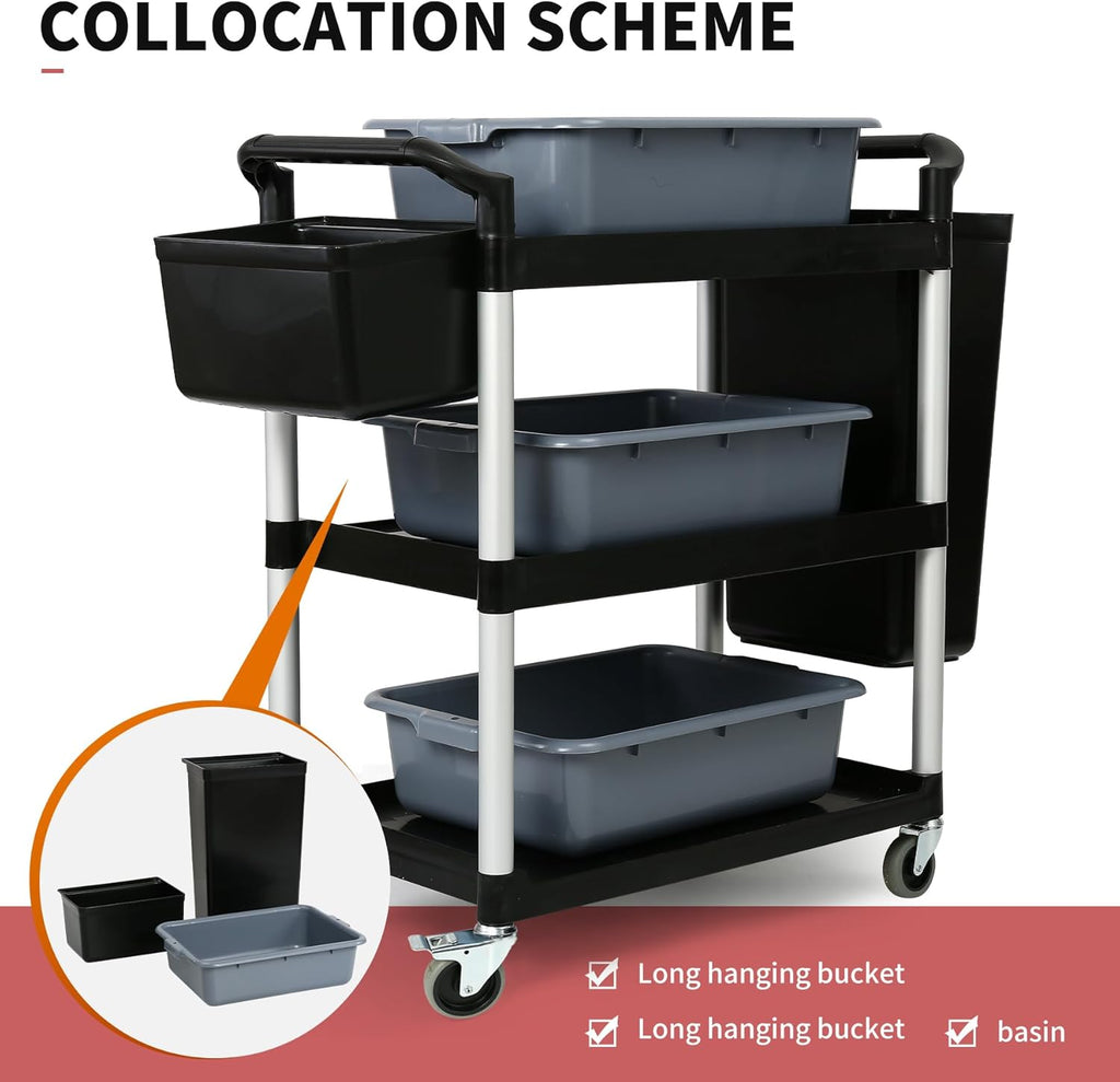 3-Tier Utility Rolling Cart with Wheels, Durable Catering carts with Wheels, Rolling Storage Cart