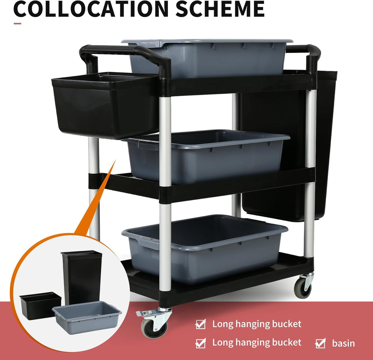 3-Tier Utility Rolling Cart with Wheels, Durable Catering carts with Wheels, Rolling Storage Cart