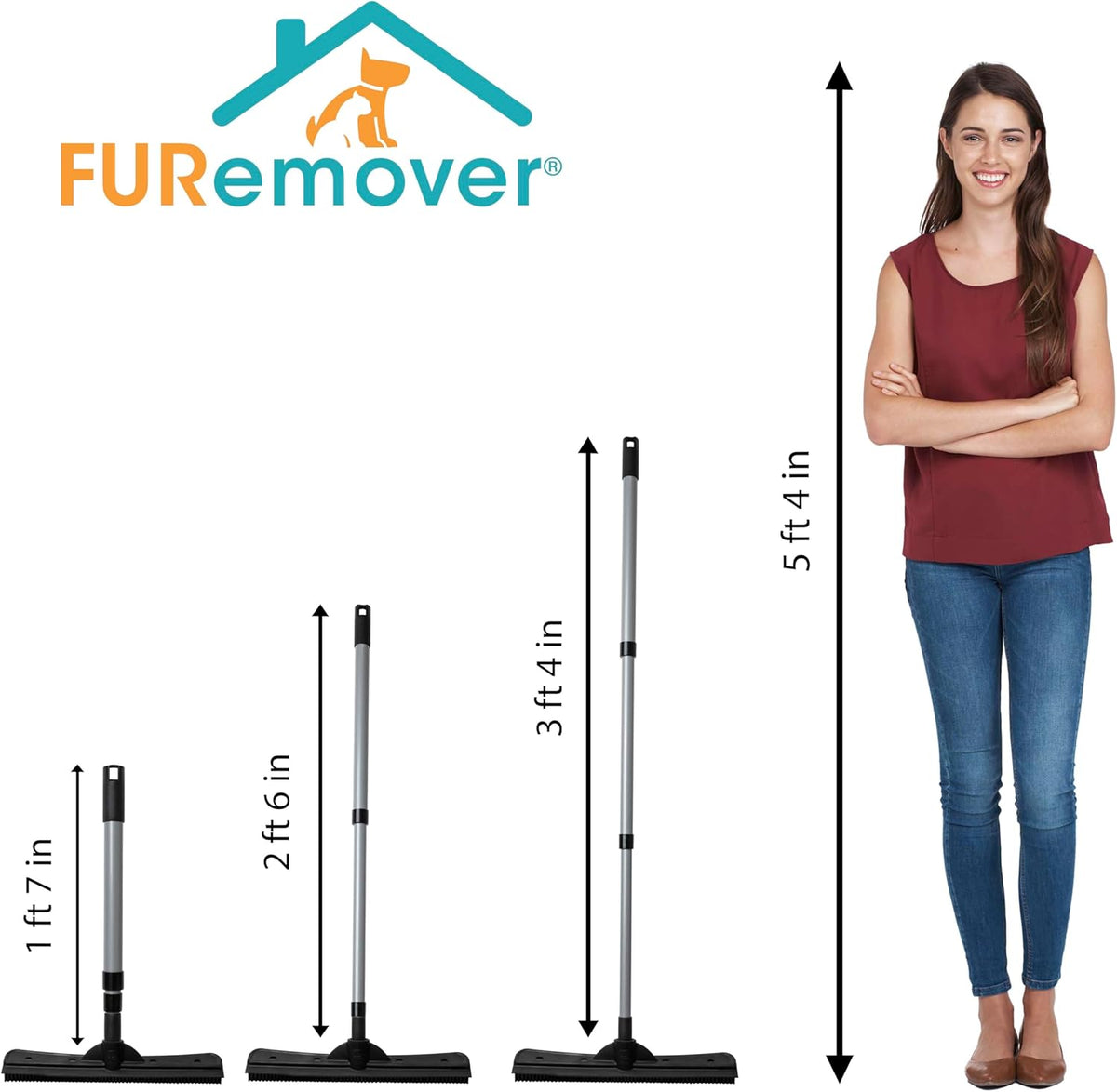 FURemover Compact Pet Hair Rubber Broom with Squeegee, with Handle That Telescopes up to 40" for