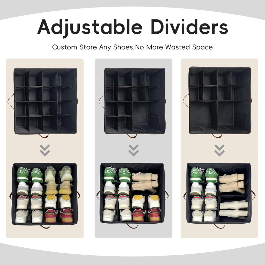 Shoe Organizer Box 2 Pack, Shoe Storage Organizer with Clear Cover, Adjustable Dividers Fits 16-32