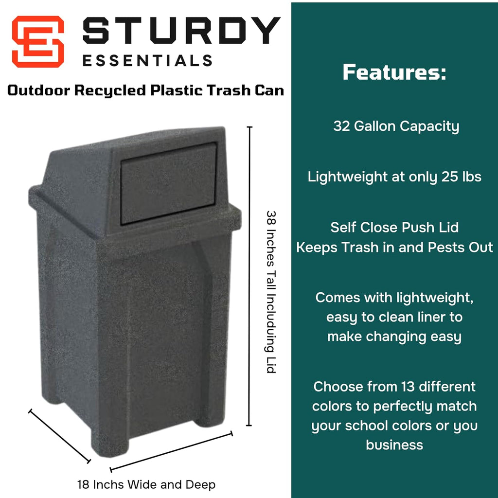 32 Gallon Square 100% Recycled Plastic Heavy Duty Commercial Outdoor or Indoor Trash Can with Push