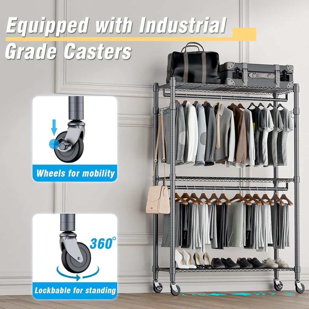 Homdox Rolling Clothes Rack Heavy Duty, 3-Tier Adjustable Wire Shelving Garment Organizer with