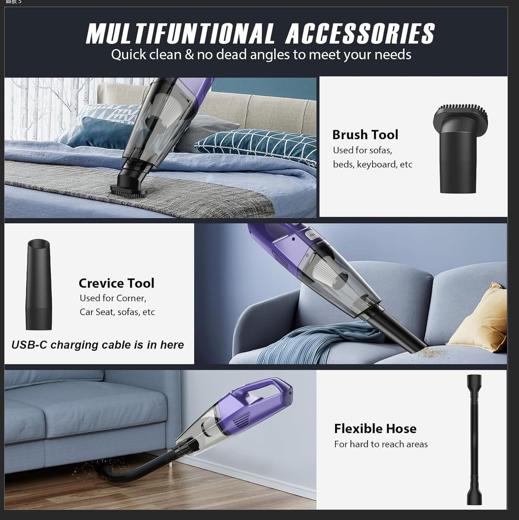 Handheld Vacuum Cordless – Car Vac Portable with 8KPA & Multi Accessories & Low Noise, Lightweight