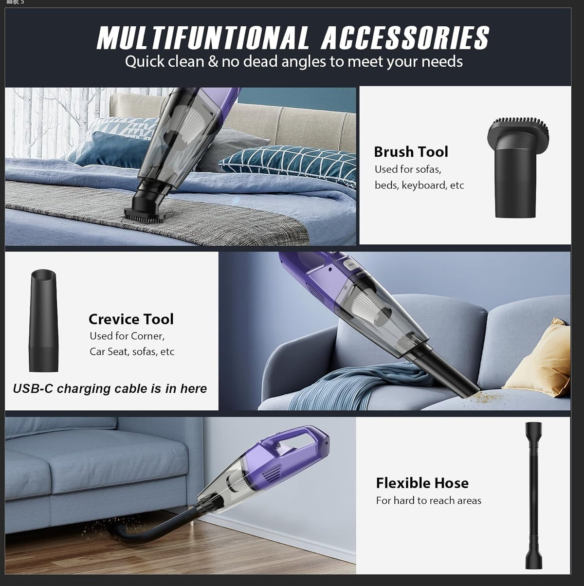 Handheld Vacuum Cordless – Car Vac Portable with 8KPA & Multi Accessories & Low Noise, Lightweight