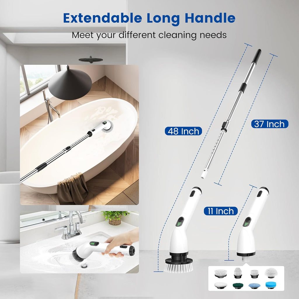 Electric Spin Scrubber, Full-Body IPX7 Waterproof Cordless Shower Scrubber with 8 Replaceable