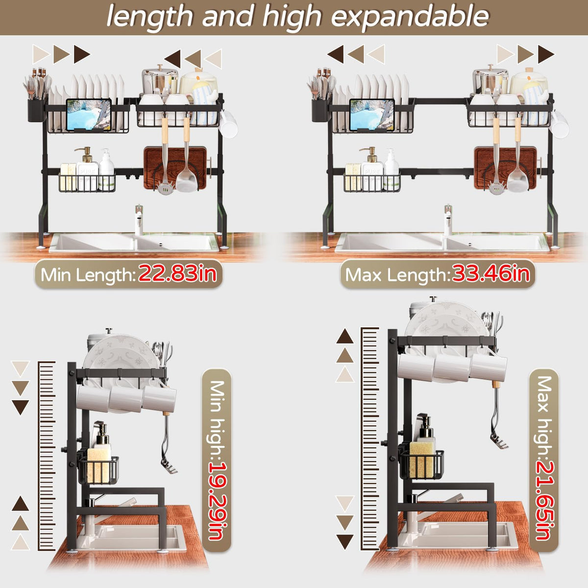 Over The Sink Dish Drying Rack, Expandable Height and Length, 2 Tier Large, Stainless Steel