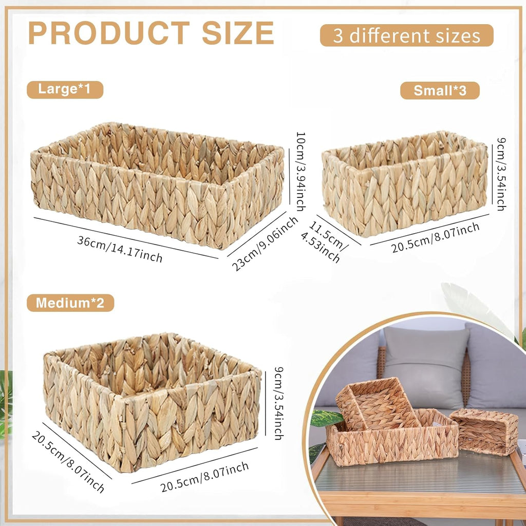 Handwoven Wicker Storage Baskets Set, Natural water hyacinth & Iron Frame | Triple Sizes (Small