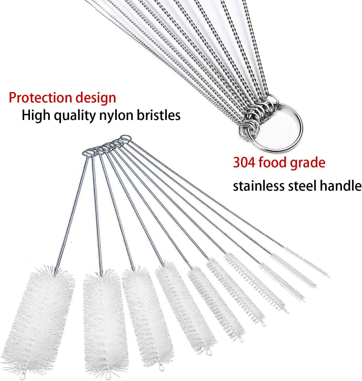 Long Straw Brush, Nylon Pipe Tube Cleaner 8-ihch 10 Different Diameters Set of 10