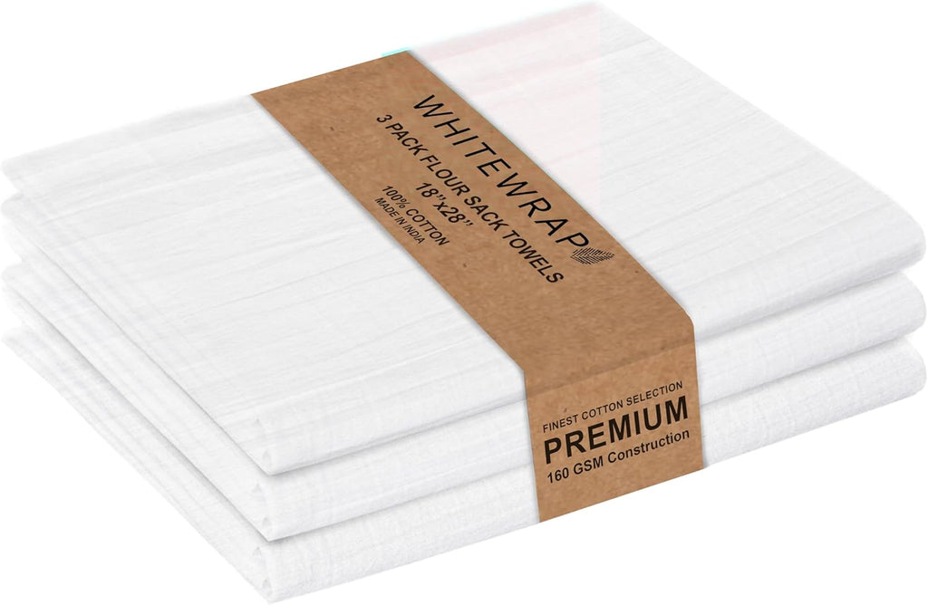 WHITEWRAP Flour Sack Towels 18x28 – 100% Cotton (Pack of 3), Reusable Kitchen Tea Towels for