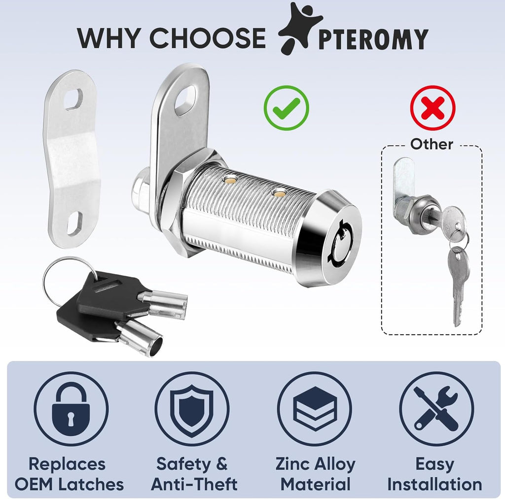 PTEROMY 2 Pack Cabinet Lock with Keys, 5/8'' Heavy Duty Tubular Cam Lock for RV Compartment Storage