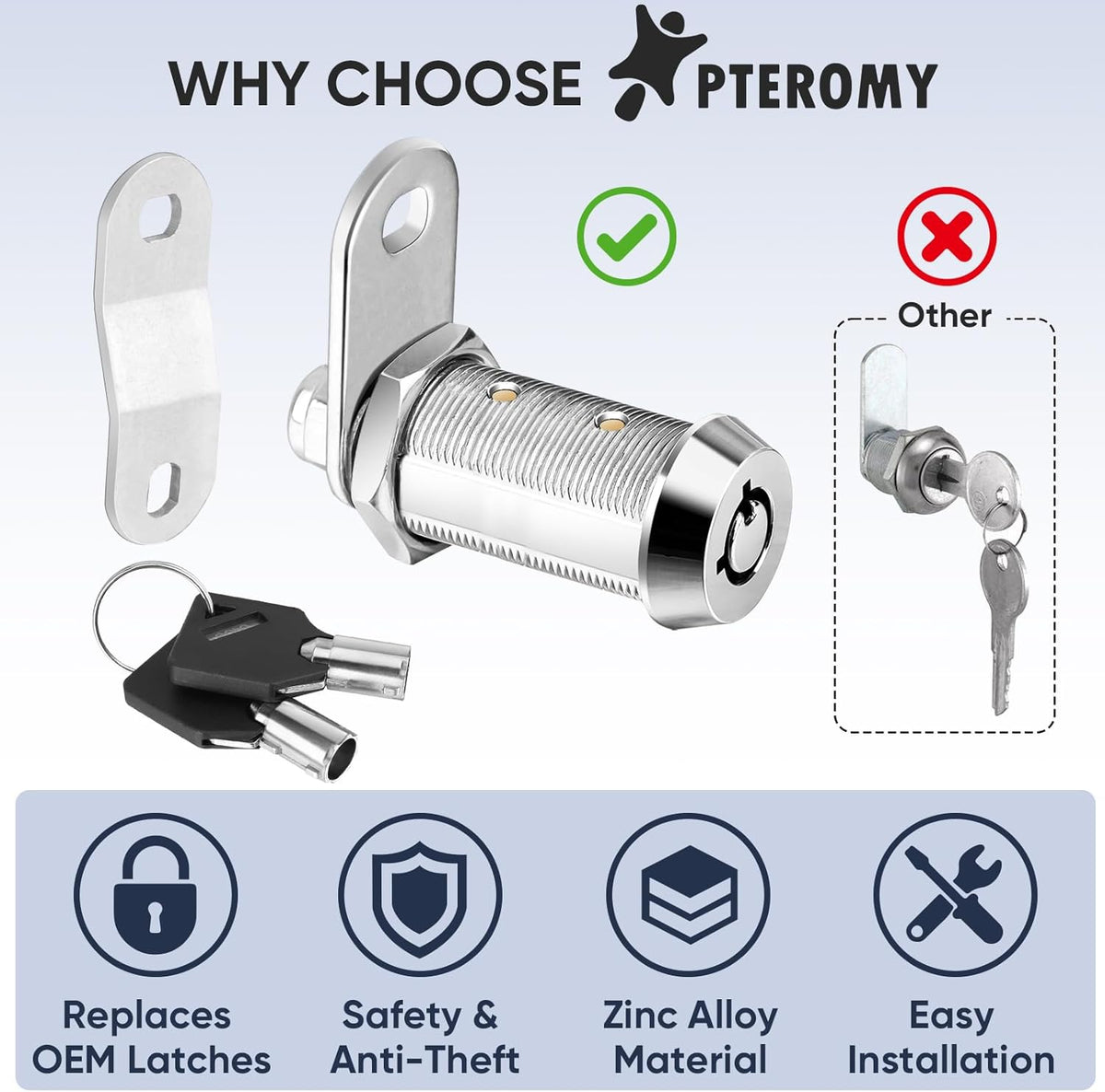 PTEROMY 2 Pack Cabinet Lock with Keys, 5/8'' Heavy Duty Tubular Cam Lock for RV Compartment Storage