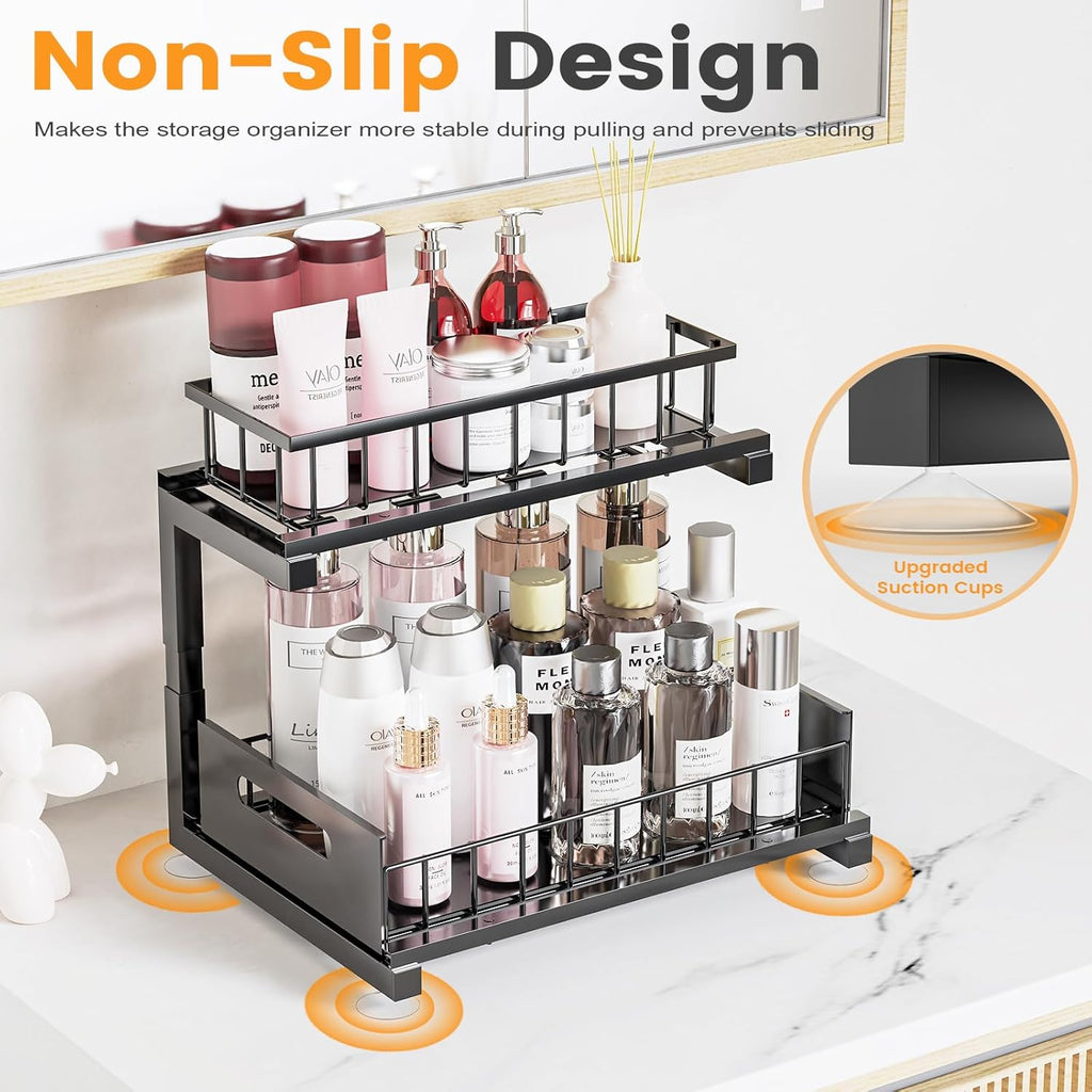 Under Sink Organizer Storage 2-Tier Heavy Duty Metal Pull Out Cabinet Organizer Slide Out Sink