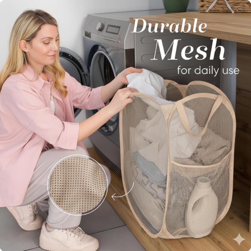 Handy Laundry Collapsible Mesh Pop Up Hamper with Wide Opening and Side Pocket - Breathable