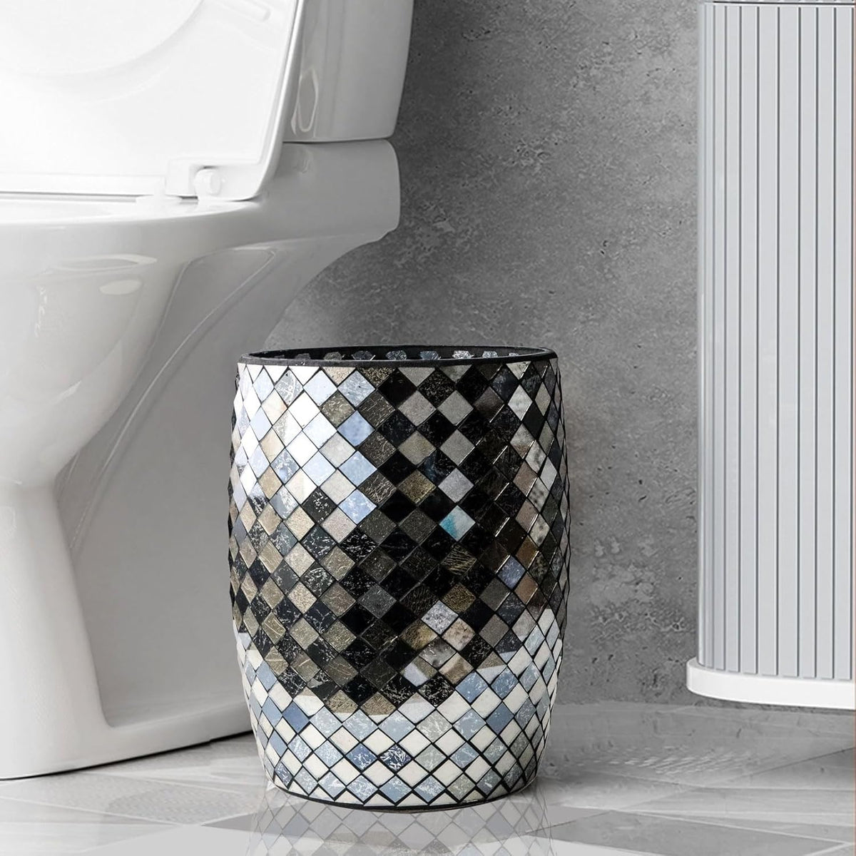 Escenzy Modern Bathroom Trash Can Mosaic Glass 5L | Decorative Small Garbage Can | 7" x 10" |
