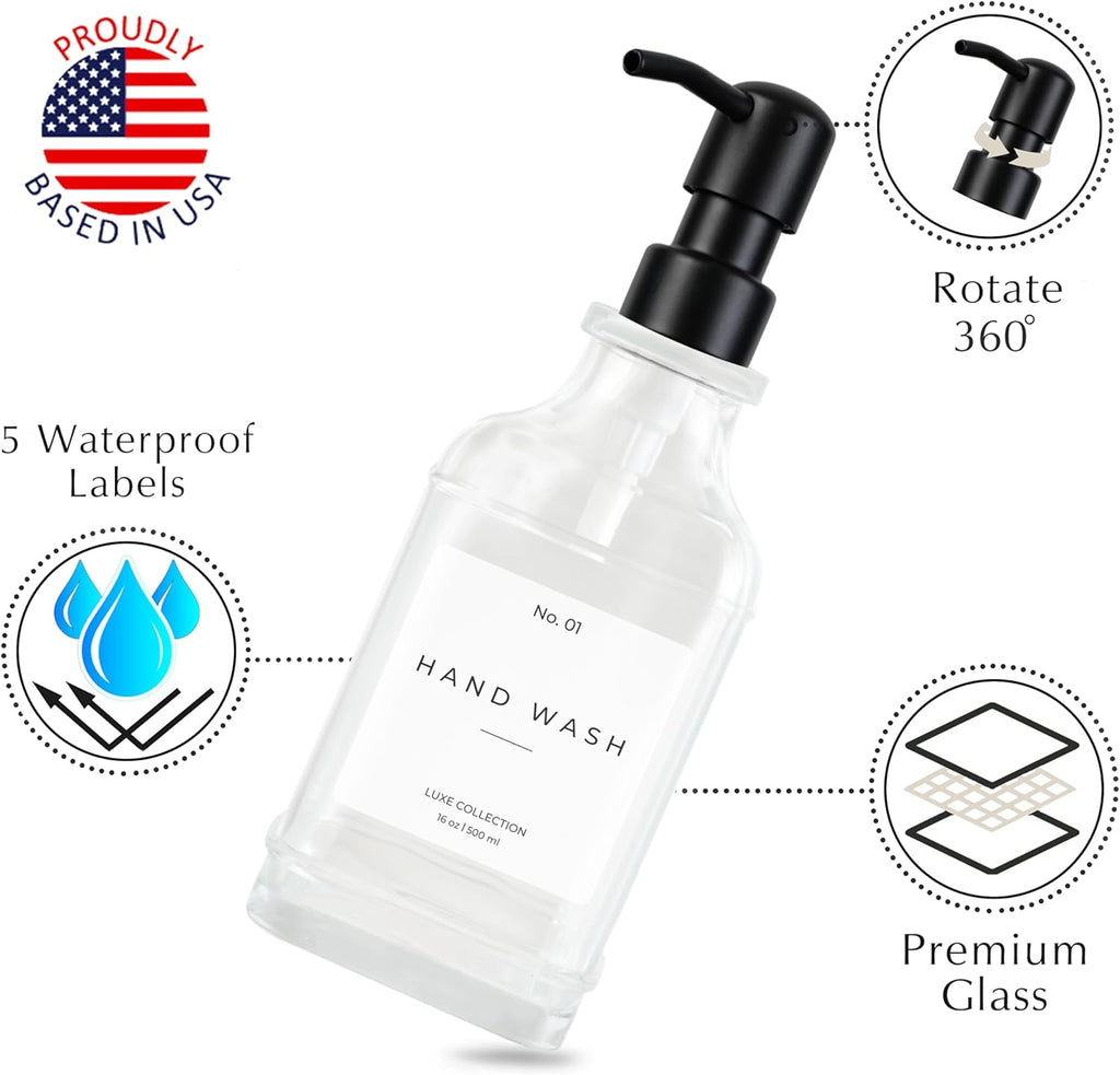 Emerson Essentials Glass Soap Dispenser Set – 16 oz 2-Pack – Refillable Dish & Hand Soap Dispensers