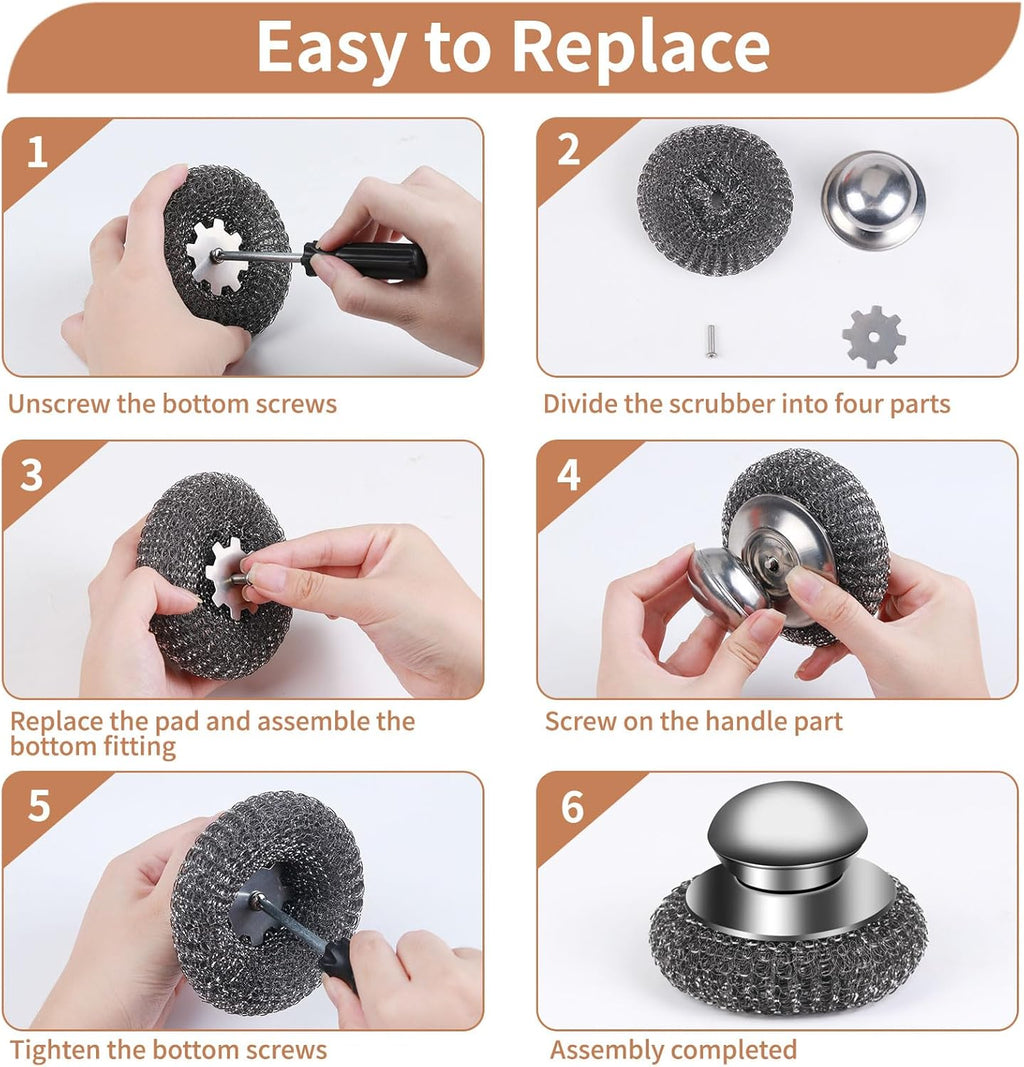 6Pcs Steel Wool Scrubber with Replacement Wire Pads Set, Stainless Steel Scrubber with Handle for