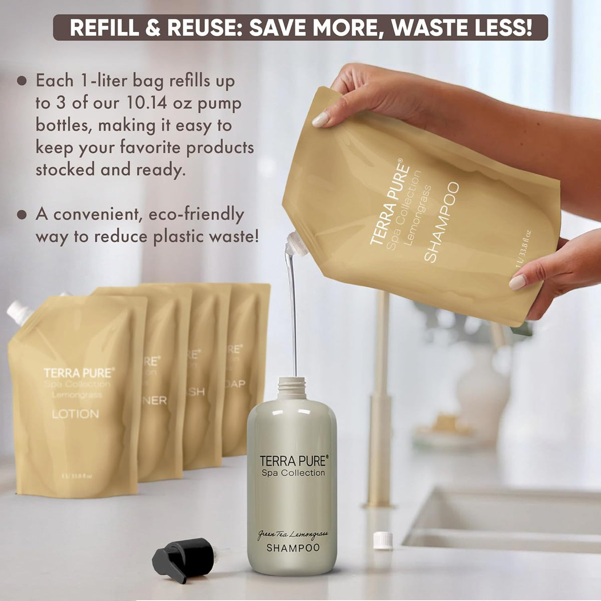 Terra Pure Spa Collection 1 Liter Conditioner Refill Bag For Soap Dispensers | Bulk Toiletries for