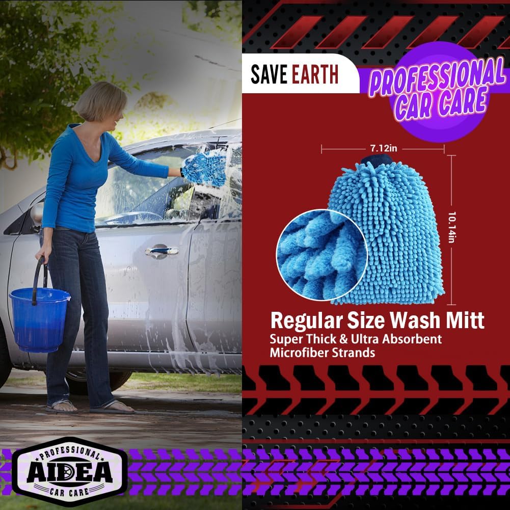 AIDEA Car Wash Mitt Microfiber, 1PK Scratch Free Lint-Free, Premium Chenille Microfiber Sponge Mitt