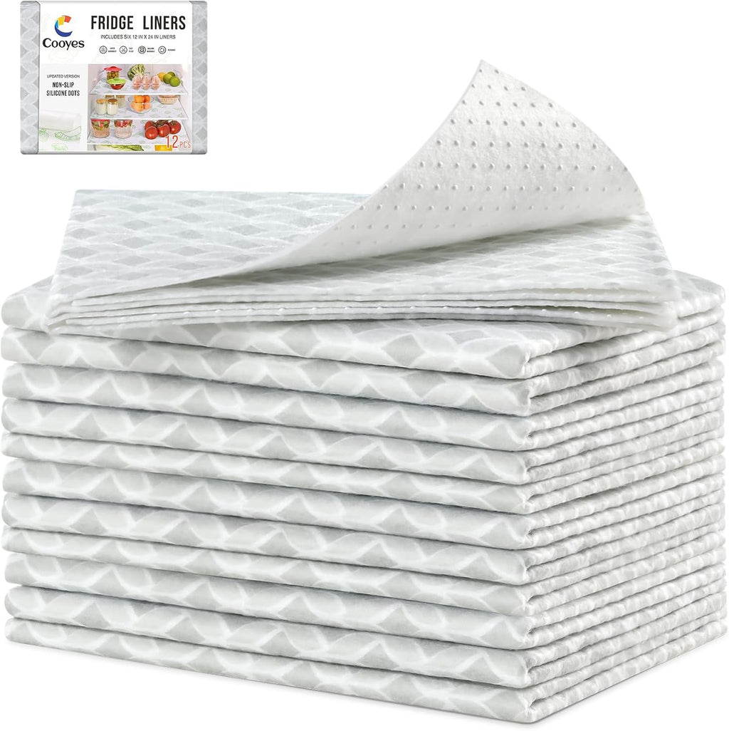 Cooyes 12 Pack Large Refrigerator Liners 17.7" x 36", Absorbent Strong Grip Fridge Liners Washable