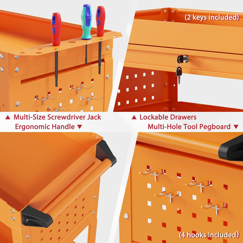 3 Tier Rolling Tool Cart on Wheels, Heavy Duty Service Cart Industrial Utility Cart with Drawer and