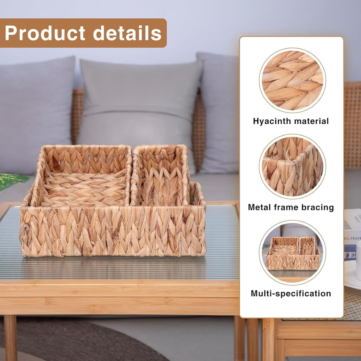 Handwoven Wicker Storage Baskets Set, Natural water hyacinth & Iron Frame | Triple Sizes (Small