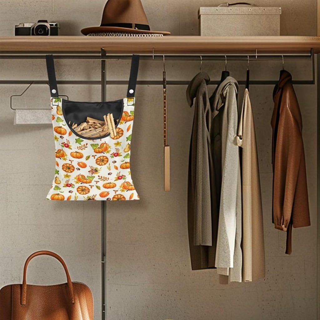 Pumpkin Print Clothespin Bag with Hanging Rope Space-Saving Clothespin Storage Organizer Waterproof
