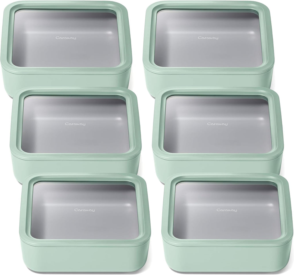 Caraway 6pc Glass Food Storage Set – 10 Cup Food Containers (6) - Ceramic Coated - Non Toxic, Non