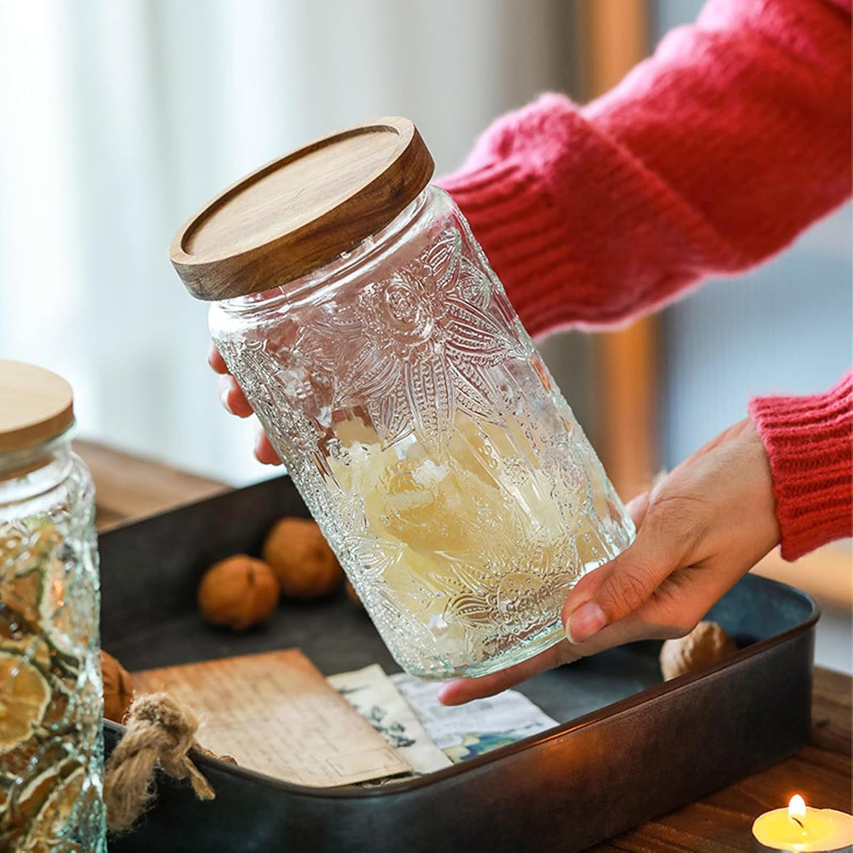 34 OZ/2 PCS Glass Storage Jar with Airtight Bamboo Wooden Lids, Vintage Food Containers Canisters