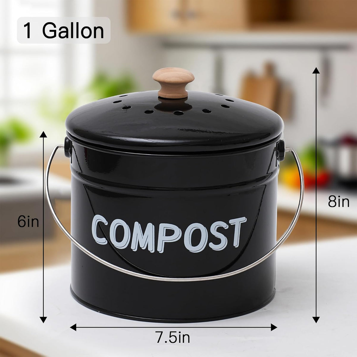 Compost Bin for Kitchen Counter, 1 Gallon Compost Bucket with Lid and Charcoal Filter, Countertop