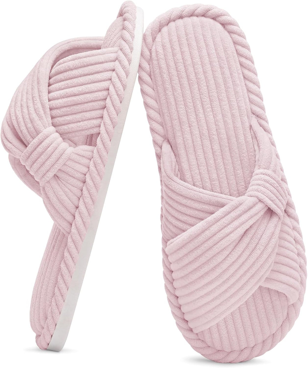Evshine Summer House Slippers for Women Corduroy Cross Bow Indoor Slippers Open Toe Slip On Bedroom