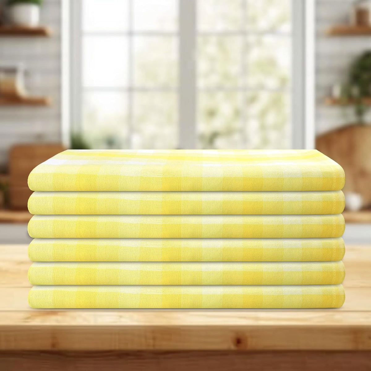 Kitchen Towels Set of 6 Yellow/White Checks 20x30 Inches 100% Cotton Highly Absorbent Kitchen