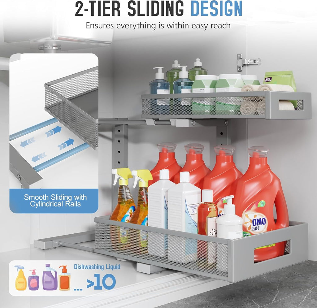 2-Pack Under Sink Storage Organizer, Large 2-Tier Elegant Mesh Pull Out Shelf for Kitchen and