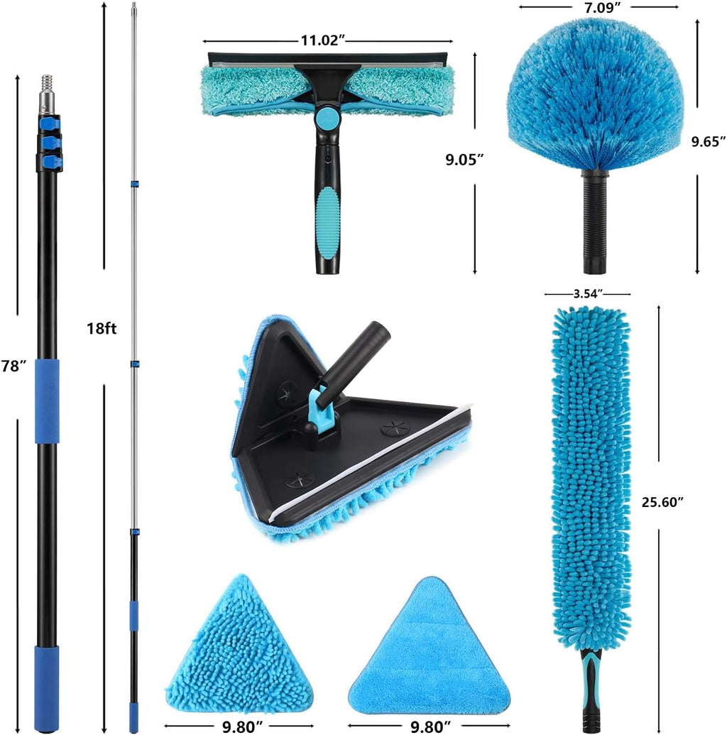 25 Feet High Ceilings Baseboard Wall Cleaner Mop with 18 Ft Extension Pole, Cobweb Duster, Window