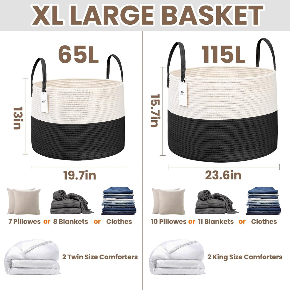 Woven Blanket Basket,65L Large Rope Storage Bin with Handles, Organizer for Blankets Toys Book and