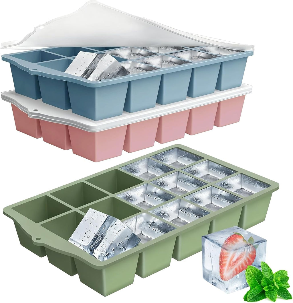 Silicone Ice Cube Tray, 3 Pack Easy-Release Stackable Ice Trays for Freezer with Lid 15 Reusable