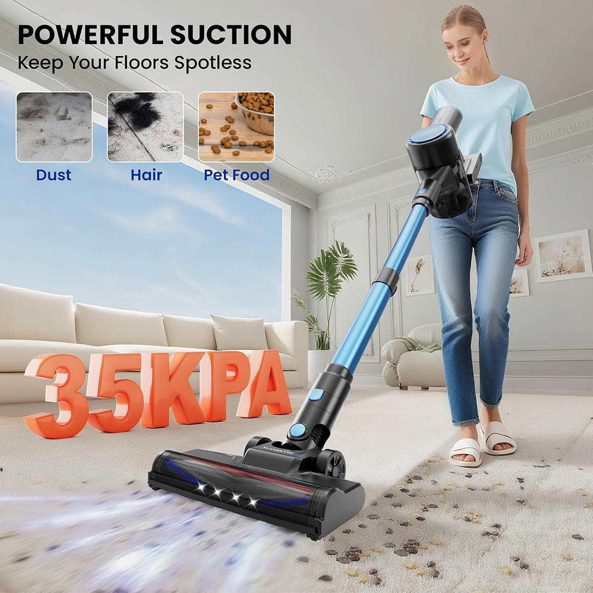 Cordless Vacuum Cleaner with 35kPa Suction Vacuum Cleaner, Lightweight Stick Vacuum Cordless for