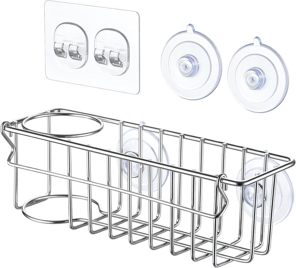 3-In-1 Sponge Holder for Kitchen Sink with Suction Cups & Adhesive Hook, In-sink Sponge Holder
