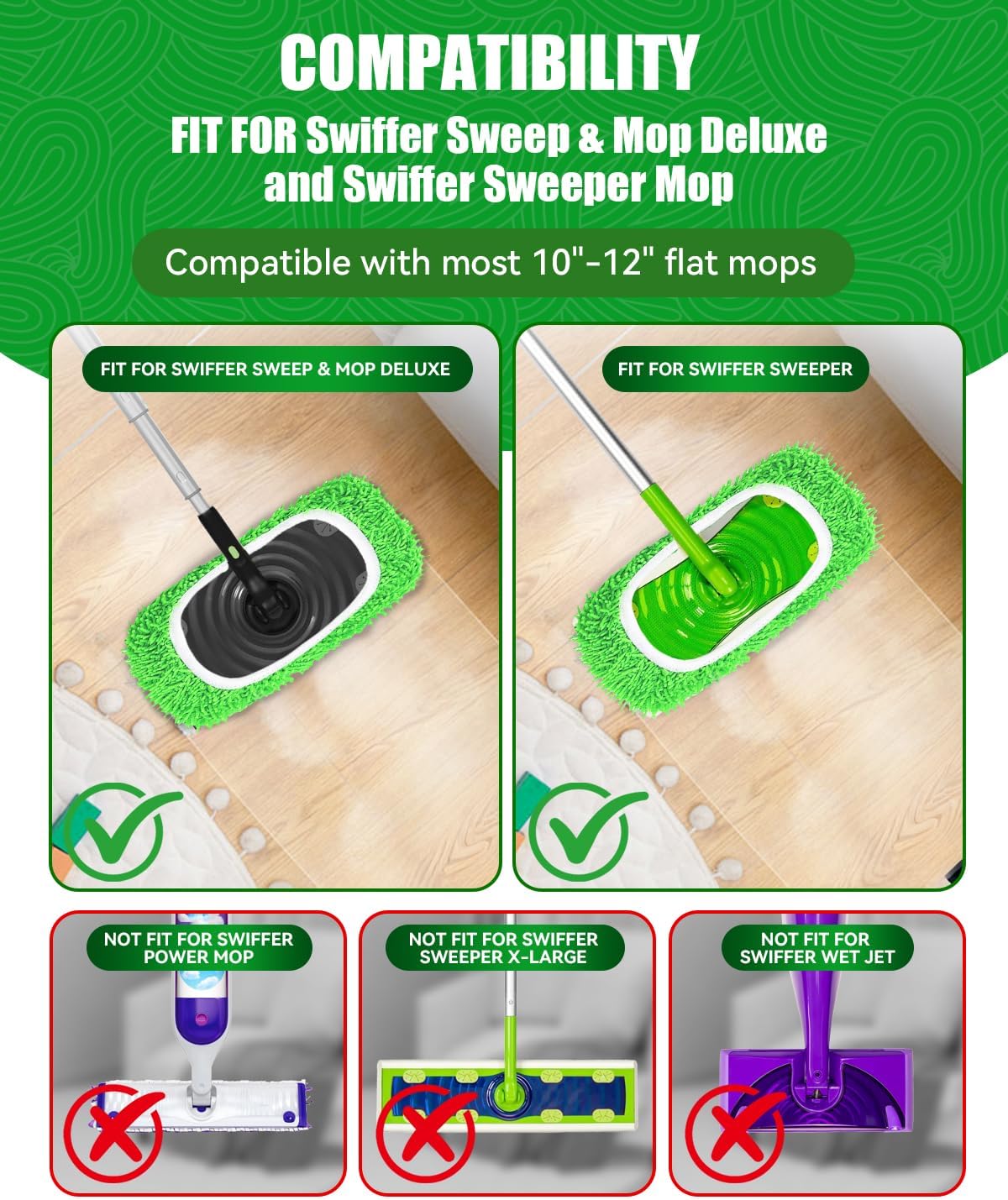 Reusable Microfiber Mop Pads Compatible with Swiffer Sweep & Mop Deluxe and Swiffer Sweeper, Dry