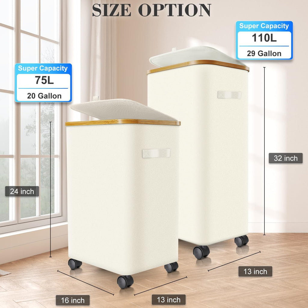 Laundry Hamper with Wheels,29 Gal (110L) Laundry Basket with lid Rolling Clothes Hamper Foldable
