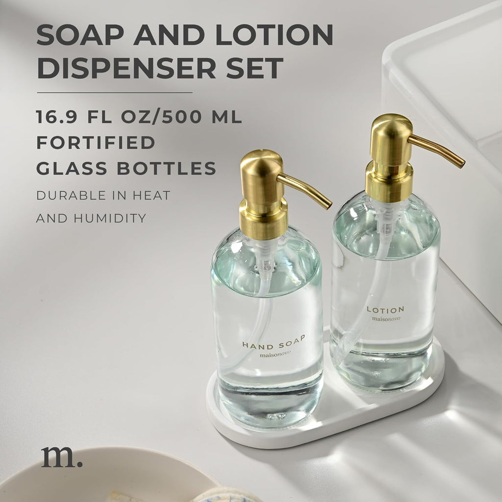 MaisoNovo Soap Dispenser 3-Piece Set | 16.9oz Clear Bottles with Gold Stainless Steel Pumps