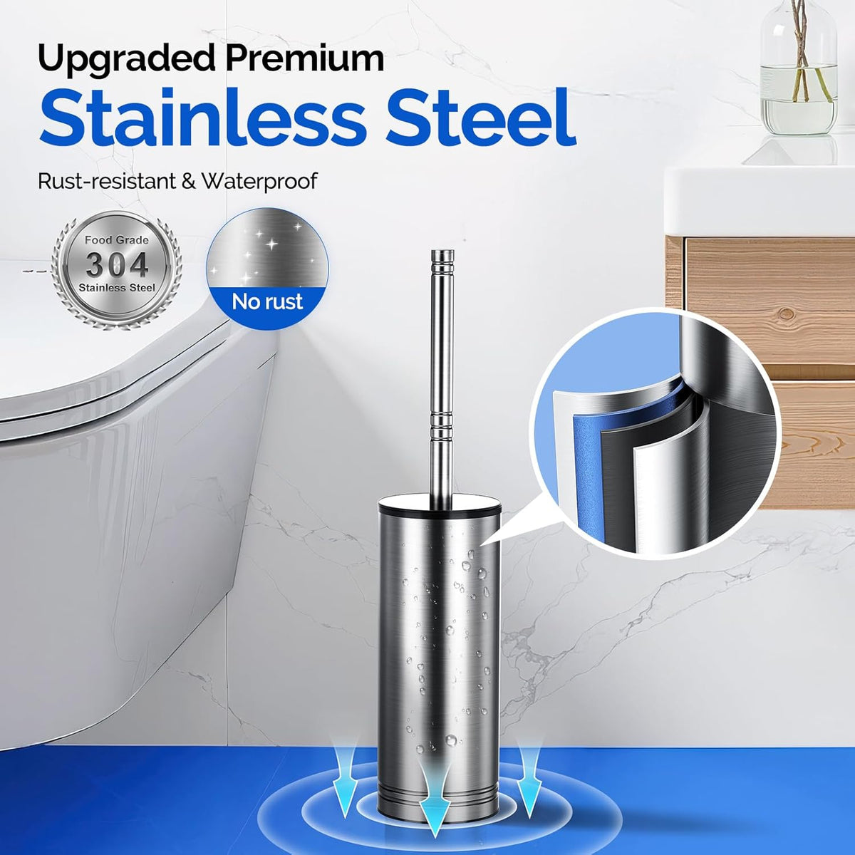 HAMITOR Toilet Brush and Holder Set: 304 Stainless Steel Heavy Duty Bowl Cleaner Brush - Deep