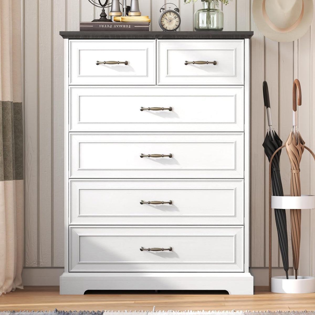 6 Drawer Dresser for Bedroom, 43" Tall Wooden Chest of Drawers, Rustic Farmhouse Dresser with Large