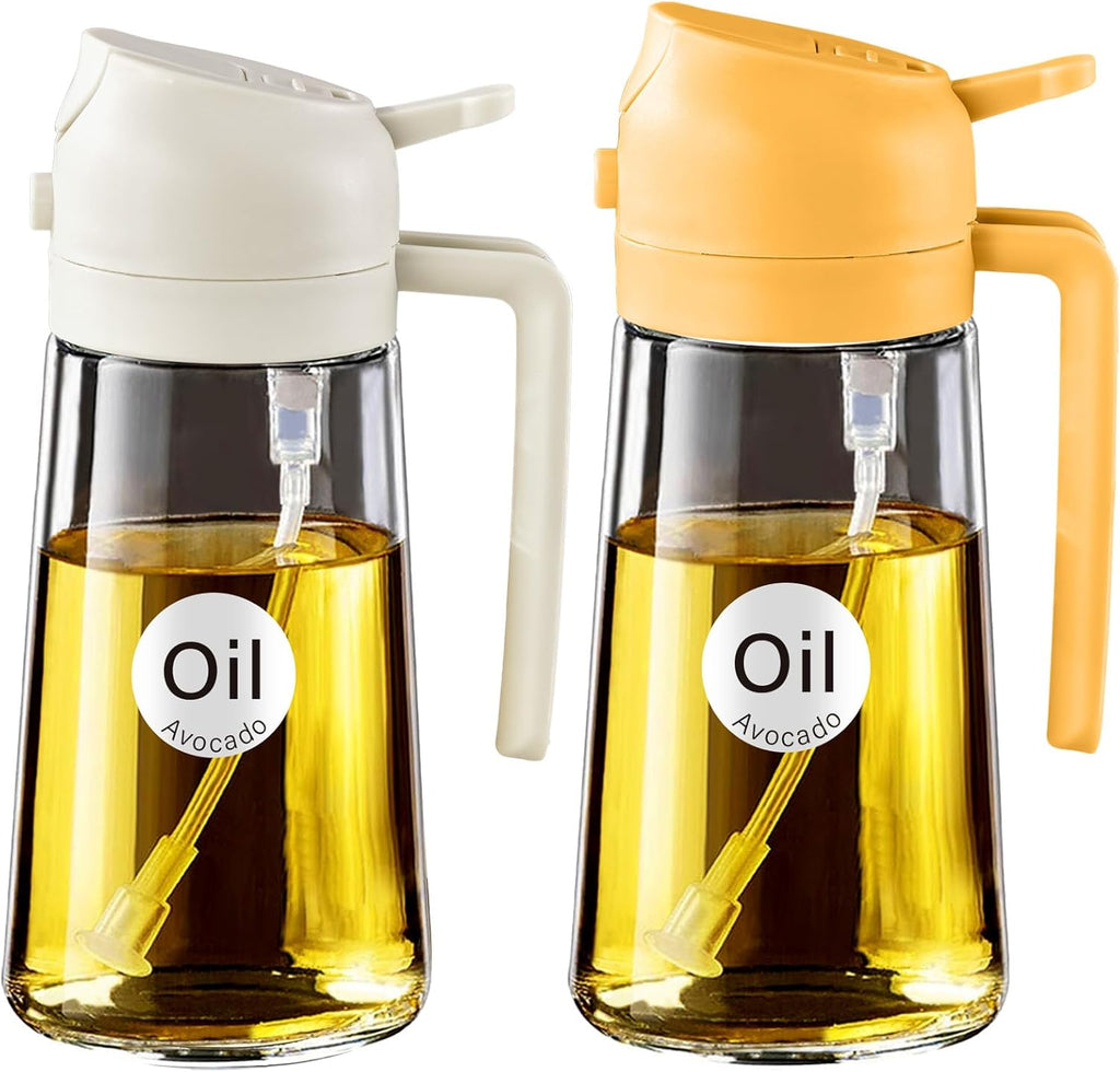 YARRAMATE 2Pcs 16oz/470ml 2 in 1 Oil Sprayer for Cooking with Stickers, Food-grade Glass Oil Spray